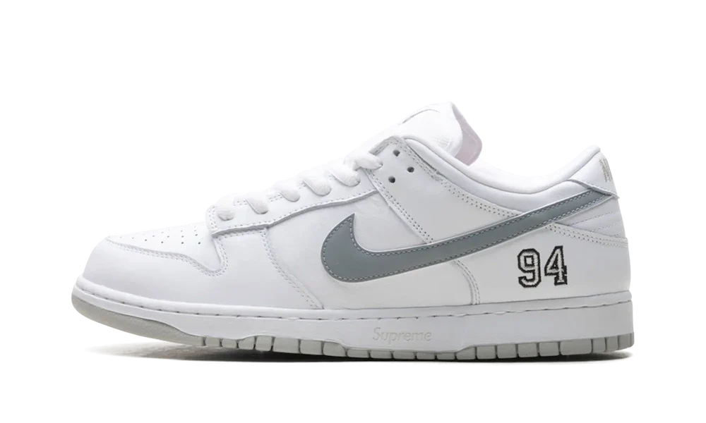 SB Dunk Low Supreme White Metallic Silver