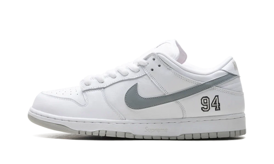 SB Dunk Low Supreme White Metallic Silver