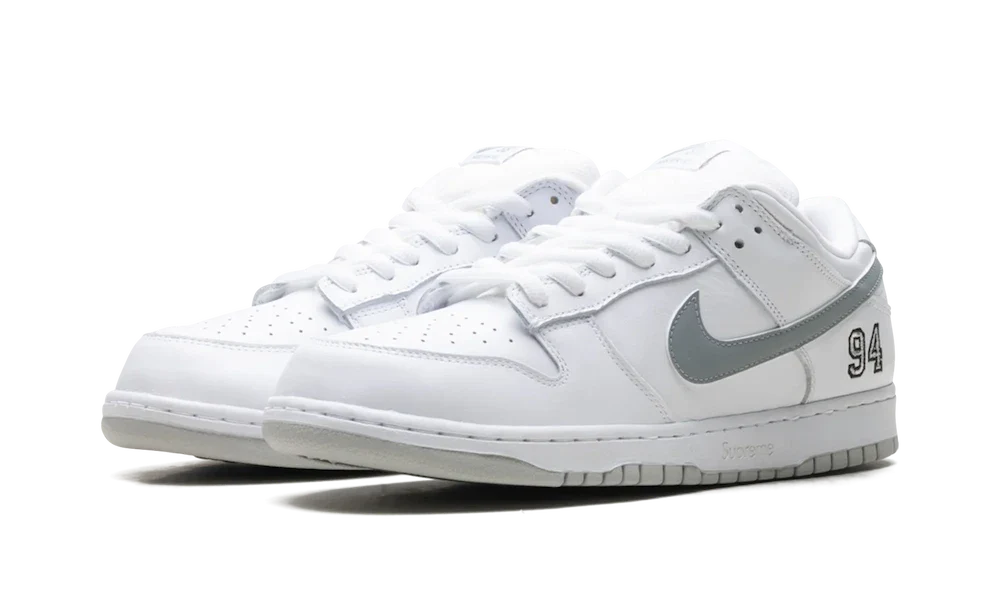 SB Dunk Low Supreme White Metallic Silver