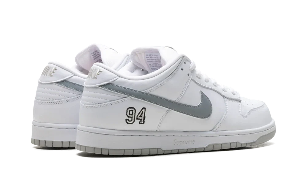 SB Dunk Low Supreme White Metallic Silver